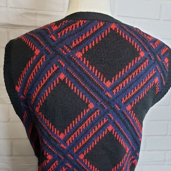 Vintage Style Black V Neck Knit Sweater Button Vest womens S Cropped Diamond - Picture 4 of 6